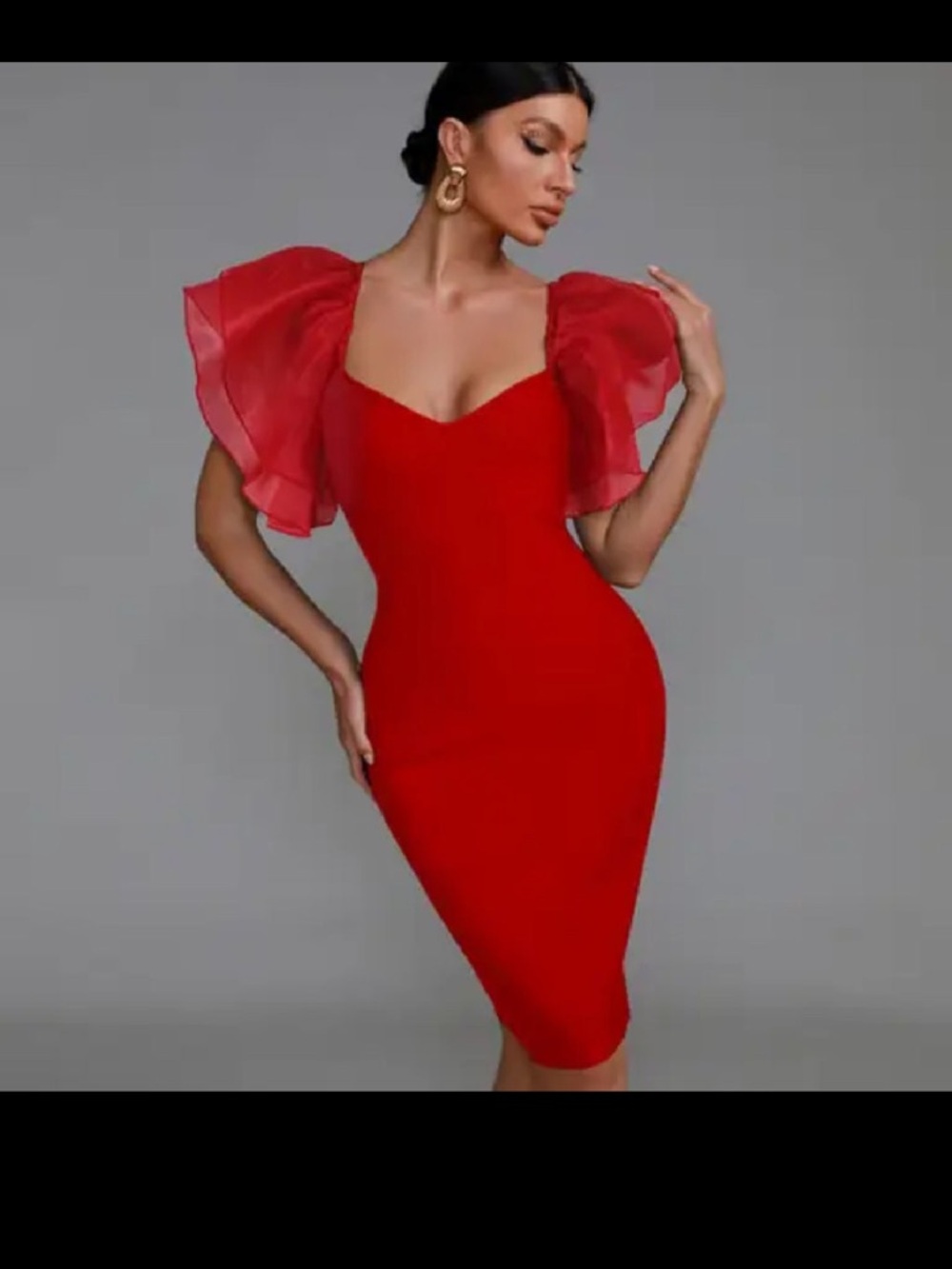 Red Puff-Sleeve Bodycon Dress